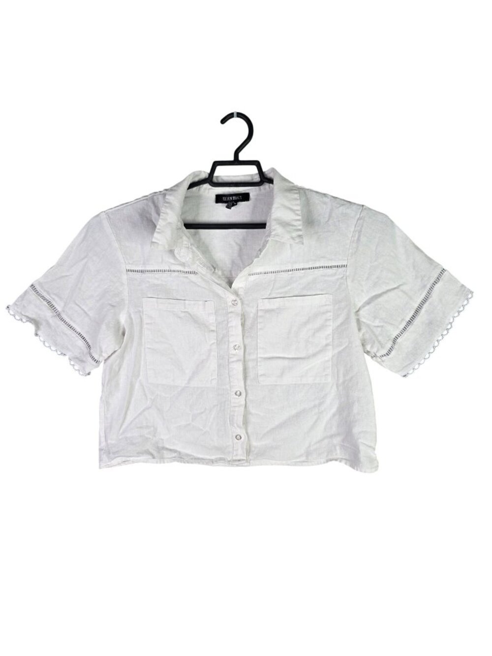 Womens Ellen Tracy White Linen Blend Cropped Button Up Shirt Lace Trim Sleeves M